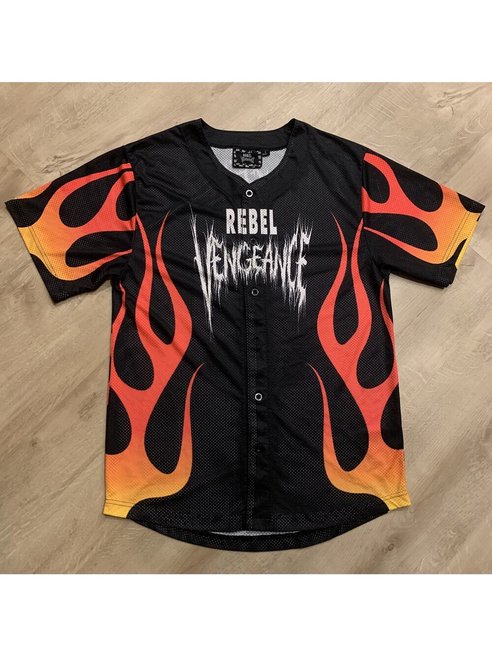 Rebel Vengeance Flames Fire Baseball Jersey Men's Large L Streetwear Button #23